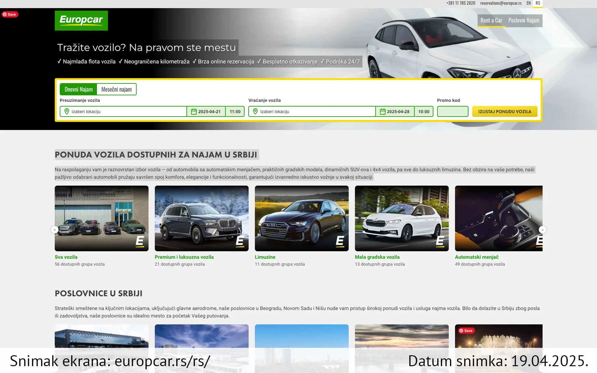 Snimak ekrana sajta — Europcar