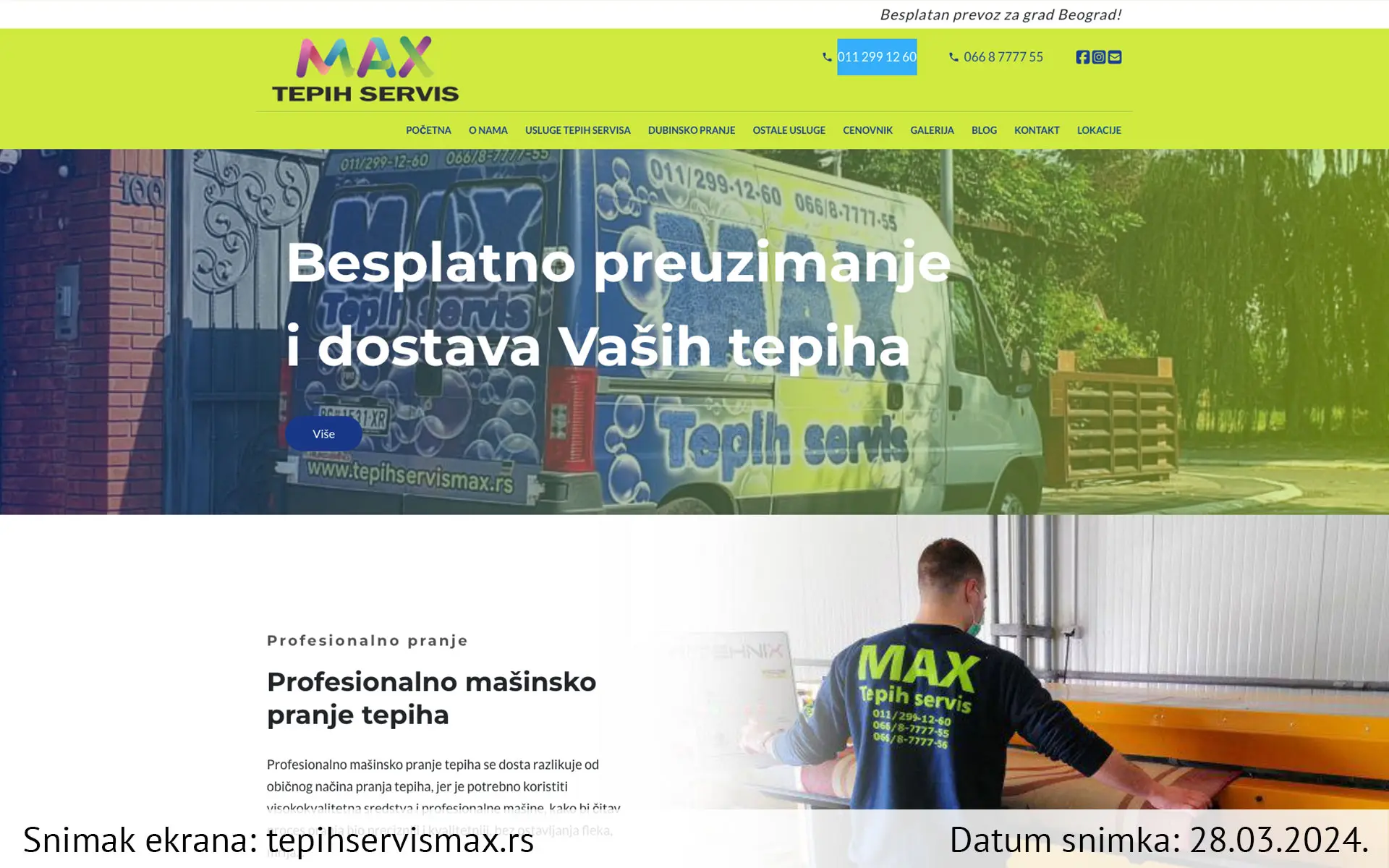 Snimak ekrana sajta — Tepih servis Max