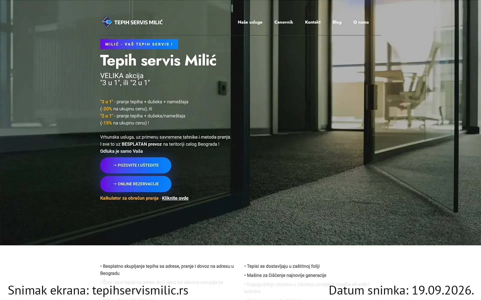 Snimak ekrana sajta — Tepih servis Milić
