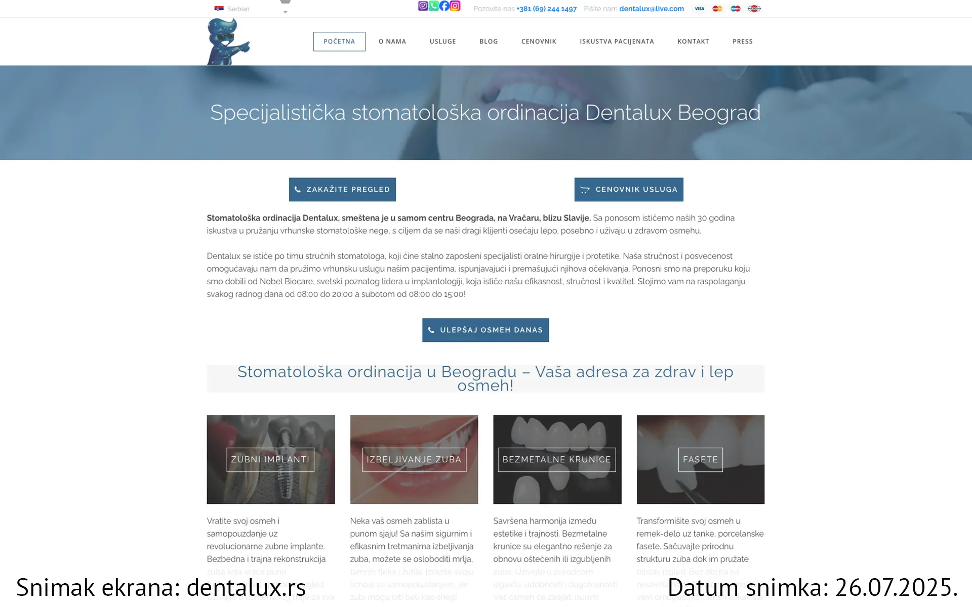 Snimak ekrana sajta — Dentalux