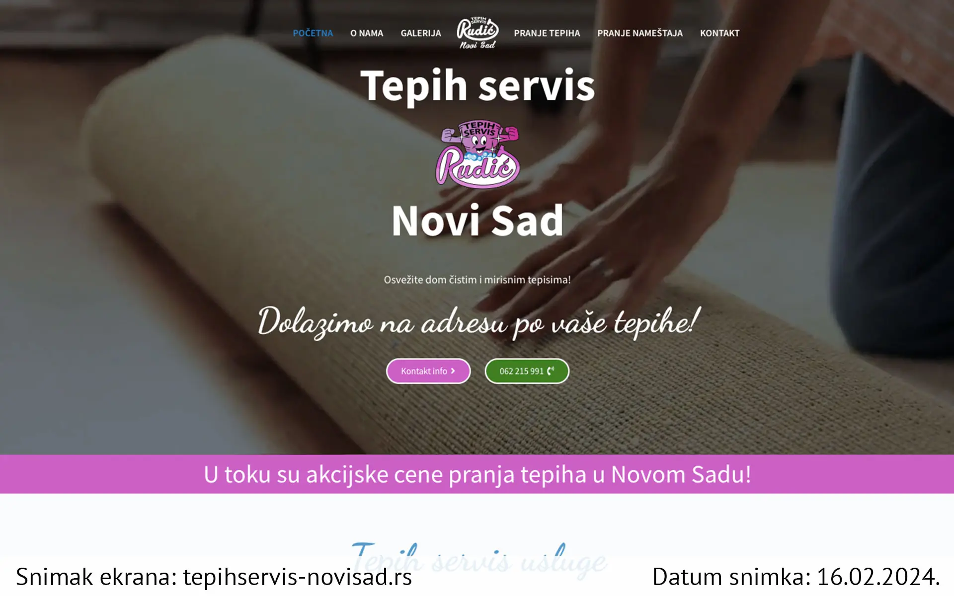 Snimak ekrana sajta — Tepih servis Rudić